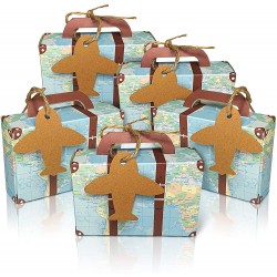 CHolic 50Pcs Party Favor Candy Box World Map Mini Suitcase Favor Box Vintage Kraft Paper with Tags and Burlap Twine for Travel Themed Party Bridal Shower Wedding Decorations