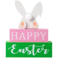 DECSPAS Easter Decorations for the Home 3-Layered Farmhouse Easter Bunny Ornaments Decor Pink Green Wooden Blocks Easter Dining Table Decor "HAPPY" "Easter" Sign Rustic Easter Home Decor for Fireplace Living Room