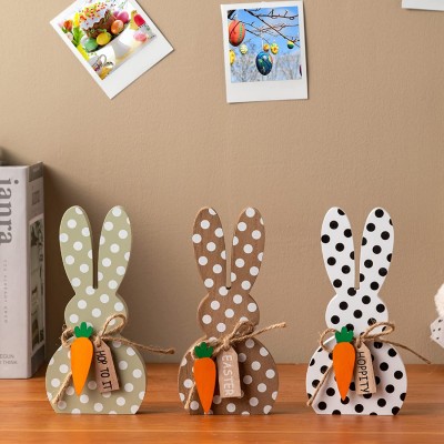DECSPAS Easter Decorations for the Home 3 PCS Wood Spotted Easter Bunny Ornaments Decor Carrots Wood Block "EASTER" "HOP TO IT" "HOPPITy" Sign Farmhouse Easter Table Decor for Living Room Dining Table Brown  White  Green