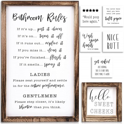 Farmhouse Bathroom Wall Decor Set of 2 Funny Bathroom Signs with Rules and 8 Interchangeable Sayings Rustic Farmhouse Accessories are Perfect to Beautify Your Restroom