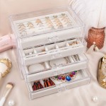 Mebbay Acrylic Jewelry Box with 4 Drawers Velvet Jewelry Organizer for Earring Necklace Ring & Bracelet Clear Jewelry Display Storage Case for Woman Creamy White