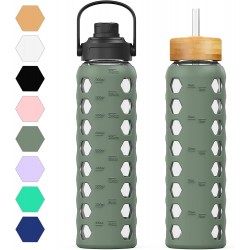 MUKOKO 32oz Glass Water Bottles with 2 Lids-Handle Spout Lid&Bamboo Straw Lid Motivational Water Tumbler with Time Marker Reminder and Silicone Sleeve Leakproof-Olive-1 Pack
