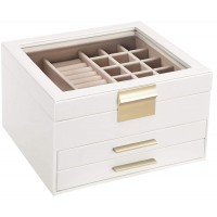 SONGMICS Jewelry Box with Glass Lid 3-Layer Jewelry Organizer with 2 Drawers for Loved Ones White UJBC239WT