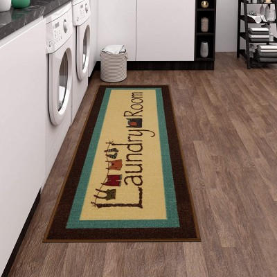 Ottomanson Laundry Collection Bordered Non-Slip Rubber Back Runner Rug 20" x 59" Brown
