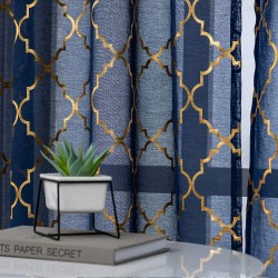 Kotile Navy Blue Sheer Curtains-84 Inch Length Metallic Gold Foil Moroccan Tile Print Curtains Privacy Protect Window Treatment Navy Drapes for Living Room 52 x 84 Inches 2 Panels Navy and Gold