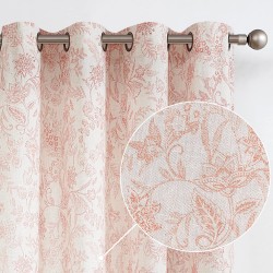 Vangao Farmhouse Linen Curtains 84 Inches Length for Living Room Bedroom Red Beige Floral Printed Vintage Semi-Sheer Grommet Top Window Drapes 2 Panels Set
