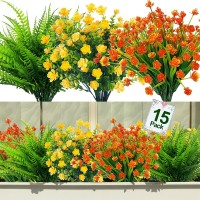 15 Pack Artificial Mixed Flowers Plants Outdoor UV Resistant Fake Flowers Decoration Plastic Plants Boston Fern Faux Shrubs Greenery for Porch Planters Window Box Home Outside Spring Summer Decor
