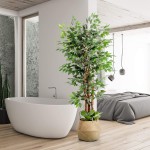 Artificial Ficus Tree 72 Inches Tall Fake Floor Plant for Modern Home Decor Living Room Bedroom Balcony Faux Potted Trees for Indoor or Outdoor Includes Free Bonus Seagrass Belly Basket