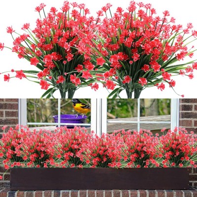 GREBOU 10 Bundles Artificial Flowers Fake Boxwood Plants Faux Plastic Lotus Shrubs UV Resistant No Fade Faux Greenery for Home Garden Hanging Planter Porch Patio Yard Office Wedding DecorationRed