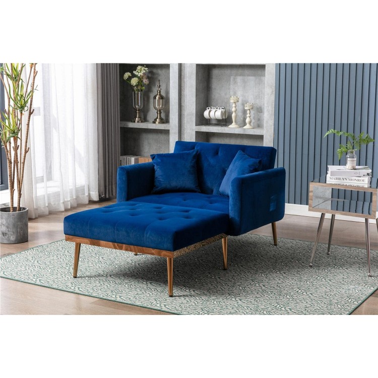 2 in 1 Velvet Chaise Lounge Chair Modern Upholstered Single Sofa Bed with Two Pillows Recliner Chair with 3 Adjustable Angles Convertible Sleeper Chair for Living Room Bedroom Home Office Navy