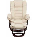 Flash Furniture Contemporary Multi-Position Recliner with Horizontal Stitching and Ottoman with Swivel Mahogany Wood Base in Beige LeatherSoft