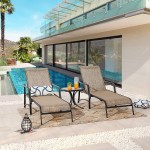 LOKATSE HOME 3 Pieces Outdoor Chaise Lounge Set Patio Pool Chairs Adjustable Back Steel Teslin with Coffee Table Grey