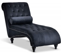 Paddie Velvet Button-Tufted Chaise Lounge Chair Indoor Leisure Sofa Couch w Bolster Pillow Nailhead Trim and Turned Legs for Indoor Living Room Black