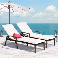 Tangkula Set of 2 Patio Furniture Outdoor Rattan Wicker Lounge Chair Set Adjustable Poolside Chaise with Armrest and Removable Cushions