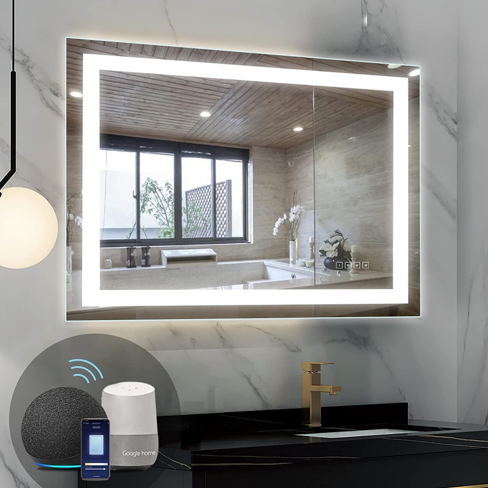 HAUSCHEN HOME 32x40 inch Smart WiFi LED Lighted Bathroom Mirror Works with Alexa Echo & Google Home,Voice Control Mirror Wall Mounted Dimmable Makeup Vanity Anti-Fog Mirror Horizonal & Vertical