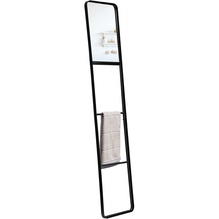HollyHOME Towel Rack with Mirror Mirror Leaning Ladder Entryway Floor Leaning Anywhere Mirror for Vanity Bedroom Black