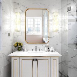 JENBELY 22x30 Inch Gold Bathroom Mirror Brushed Gold Metal Framed Rectangular Mirror with Rounded Corner Bathroom Vanity Mirror for Bedroom or Living Room Horizontal Vertical