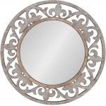 Kate and Laurel Shovali Rustic Round Mirror 31.5 Diameter Rustic Whitewash Ornate Wood-Carved Frame Decadent Wall Decor with Vintage Charm