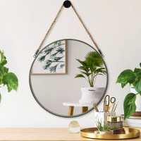 POZINO Wall Mounted Mirror Round 20 inch Decorative Farmhouse Circle Rustic Finish Metal Frame Accent Mirror with Hanging Rope for Bathroom Bedroom Living Room Dorm or Entryway