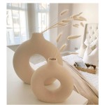 Leicofay Ceramic Hollow Donut Vase Set of 2 Off White Vases for Decor Nordic Minimalism Style Decor for Wedding Dinner Table Party Living Room Office Bedroom L9”*W8” Bottle Mouth 1 inch