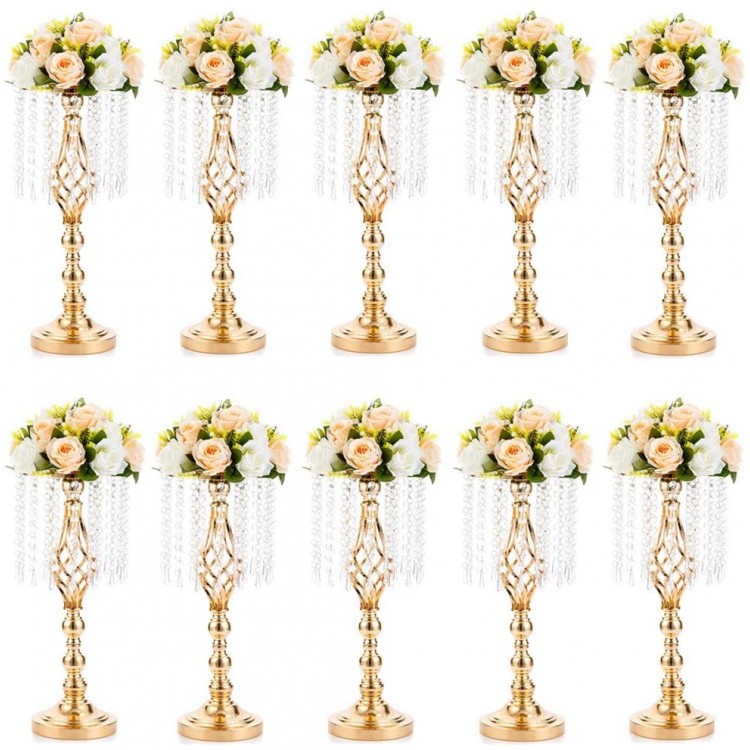 NUPTIO 10 Pcs 19.3 inches Tall Crystal Flower Stand Wedding Road Lead Tall Flower Holders Centerpiece Crystal Flower Chandelier Metal Flower Vase for Reception Tables Wedding Supplies