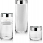 Set of 3 Glass Cylinder Vases 4 8 10 Inch Tall with 1 Inch Silver Rim – Multi-use: Pillar Candle Floating Candles Holders or Flower Vase – Perfect as a Wedding Centerpieces.