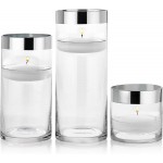 Set of 3 Glass Cylinder Vases 4 8 10 Inch Tall with 1 Inch Silver Rim – Multi-use: Pillar Candle Floating Candles Holders or Flower Vase – Perfect as a Wedding Centerpieces.
