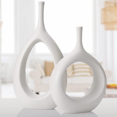 White Ceramic Hollow Vases Set of 2 Flower Vase for Decor Modern Decorative Vase Centerpiece for Wedding Dinner Table Party Living Room Office Bedroom Housewarming Gift