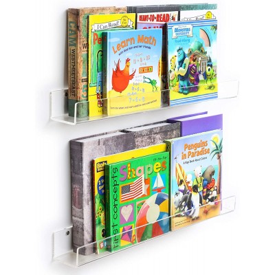 Acrylic 2 Packs Invisible Floating Bookshelves 24 inches ,Kids Clear Wall Bookshelves Display Book Shelf,50% Thicker with Free Screwdriver