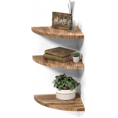 DELFOY Wall Mounted Rustic Wood Round Edge Corner Shelf Storage Rack Bookcase Floating Shelves Home Decor for Bedroom Living Room Office and Kitchen Set of 3 Round Edge