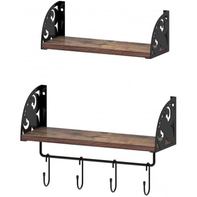 Rempry Floating Wall Mounted Shelves Set of 2 Rustic Storage Decorative Shelves with Adjustable Towel Bar and Hooks for Bathroom Kitchen Bedroom Living Room Office