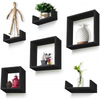 RR ROUND RICH DESIGN Floating Shelves Set of 6 Rustic Wood Wall Shelves with 3 Small U Shelve and 3 Square Boxes for Free Grouping Black