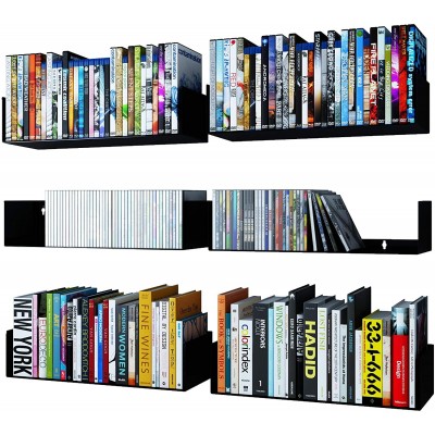 Wallniture Bali Black U Shape Floating Shelves for Wall CD DVD Storage Shelves and Metal Bookshelf Set of 6