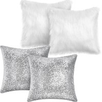4 Pieces Sequin and Fluffy Pillow Cases Faux Fur Throw Pillow Covers 18 x 18 Inches Glitter Decorative Pillowcases Soft Fuzzy Cushion Cover for Couch Bed Sofa Living Room Christmas Silver