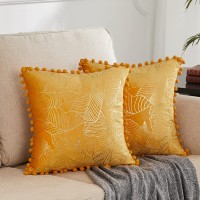 GIGIZAZA Decorative Throw Pillow Covers 18x18 Yellow Gold Pom Pom Velvet Leaves Pillows Cushion Covers for Sofa Couch Bed Set of 2