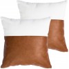 HOMFINER Faux Leather and 100% Cotton Decorative Throw Pillow Covers for Couch Bed Sofa 18 x 18 inch Set of 2 Modern Home Decor Accent Square Bedroom Living Room Cushion Cases Cognac Brown White