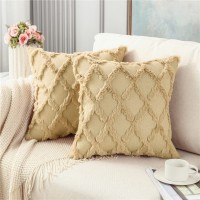 OMIO Pack of 2 Soft Plush Short Faux Wool Velvet Decorative Throw Pillow Covers Luxury Square Pillowcases Boho Cushion Covers for Couch Sofa Bedroom 18"x18" Beige