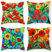 TongXi Square Decorative Soft Throw Pillow Covers for Chair Deco Indoor,18 x 18 inches 4 Packs Hand Painting Red Flowers