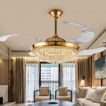 A Million 42” Crystal Ceiling Fan Light with Retractable Blades Remote Control LED Chandelier Fan 3 Speeds 3 Colors Changes Lighting Fixture Silent Motor with LED Kits Included Gold