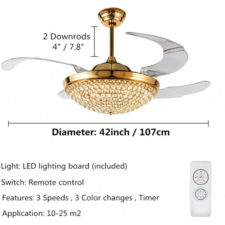 A Million 42” Crystal Ceiling Fan Light with Retractable Blades Remote Control LED Chandelier Fan 3 Speeds 3 Colors Changes Lighting Fixture Silent Motor with LED Kits Included Gold