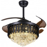 Crystal Ceiling Fan Chandelier Indoor Luxury Hiding Quiet 42 Inch Polished Gold Retractable Ceiling Fan Light LED 3 Color Setting Dual Control-Remote and Wall Control black