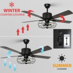 Depuley 52''Caged Industrial Ceiling Fan with Light Farmhouse Black Ceiling Fan with 5 Reversible Plywood Blades & Remote Rustic Ceiling Fans Light Fixture for Bedroom Timing 5 E26 Bulbs Not Incl.