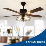 Depuley 52''Caged Industrial Ceiling Fan with Light Farmhouse Black Ceiling Fan with 5 Reversible Plywood Blades & Remote Rustic Ceiling Fans Light Fixture for Bedroom Timing 5 E26 Bulbs Not Incl.