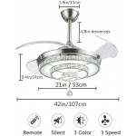 Efperfect 42" Crystal Ceiling Fan with Light Retractable Blades Chrome Modern LED Chandelier Remote 3 Color Changes 3 Speeds Silent Ceiling Fans Lighting Fixture LED Kits Included