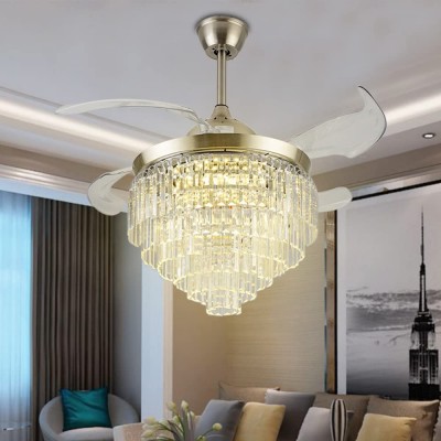 Razaban 42" Crystal Chandelier Ceiling Fan Modern Retractable Ceiling Fan Lights with Remote 6-layer Crystal Fandelier 3 Speeds 3 Colors Ceiling Fan Lighting Fixture For Living Room Bedroom Restaurant