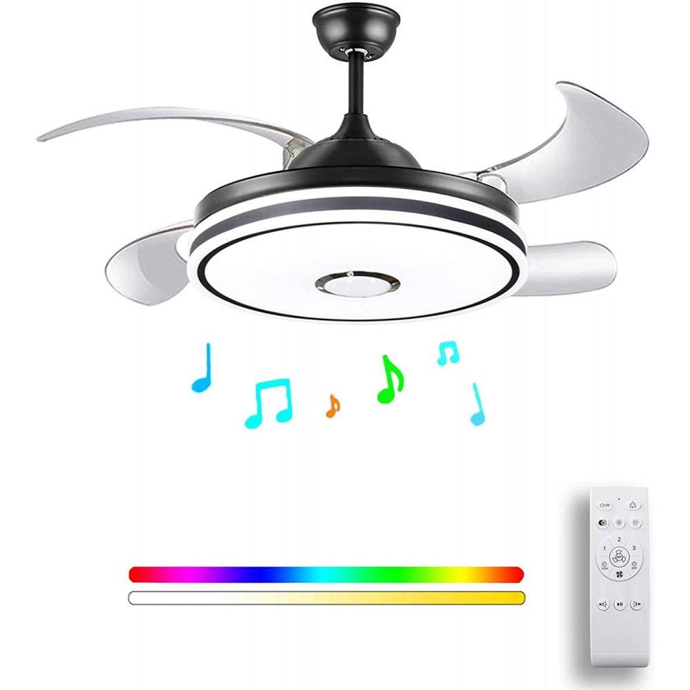 Retractable Ceiling Fan Light and Bluetooth Speaker RGB Color Changing 36W 49.2In music Black Invisible Ceiling Fan Remote