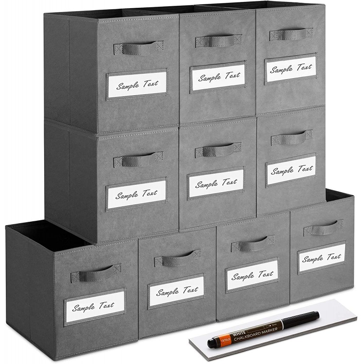 artsdi Set of 10 Storage Cubes Foldable Fabric Cube Storage Bins with 10 Labels Window Cards & a Pen Collapsible Cloth Baskets Containers for Shelves Closet Organizers Box for Home & Office,Gray