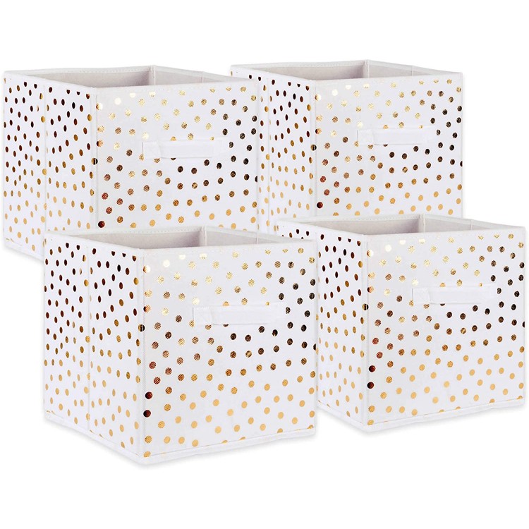 DII Non Woven Storage Collection Polka Dot Collapsible Bin Small Set 11x11x11 Cube White with Gold Dots 4 Piece