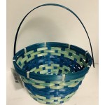 Easter Traditional Round Woven Bamboo Easter's Hunt Baskets with Hinged Handles Green Blue Set Of 2 .Bundle With Tricolor Easter Plastic Grass