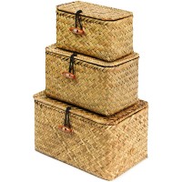 FEILANDUO Shelf Baskets with Lid Set of 3 Handwoven Seagrass Storage Box Wicker Basket Desktop Makeup Organizer Multipurpose Container Original S M L